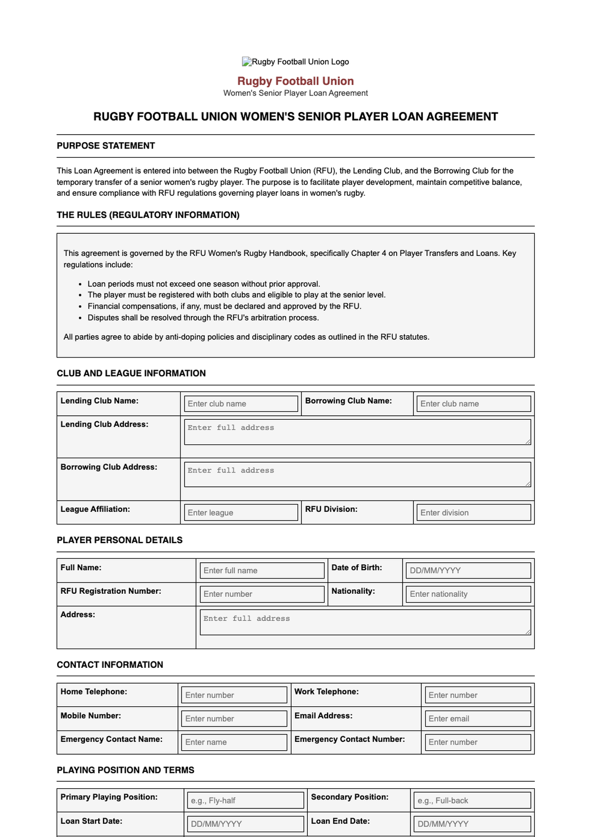 Official Rugby Football Union womens senior player loan agreement form 2012 2013_variant_3